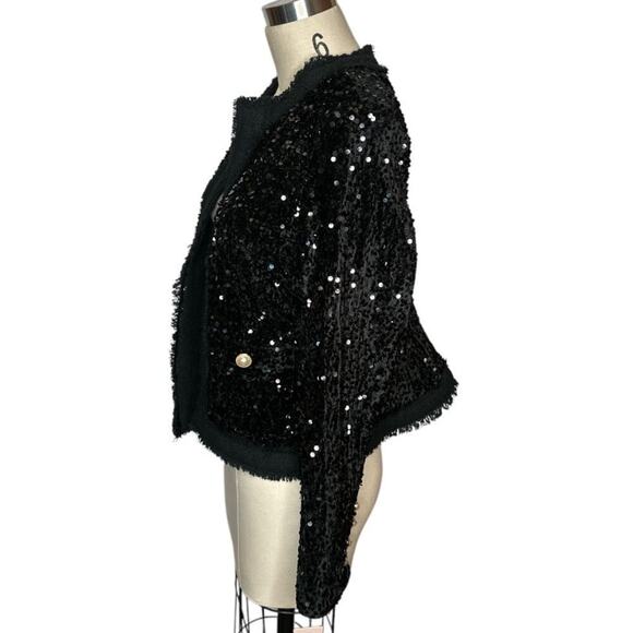 Nanette Lepore Black Sequins Velvet Pearl Buttons Open Front Jackets Women's 4 - Picture 2 of 8